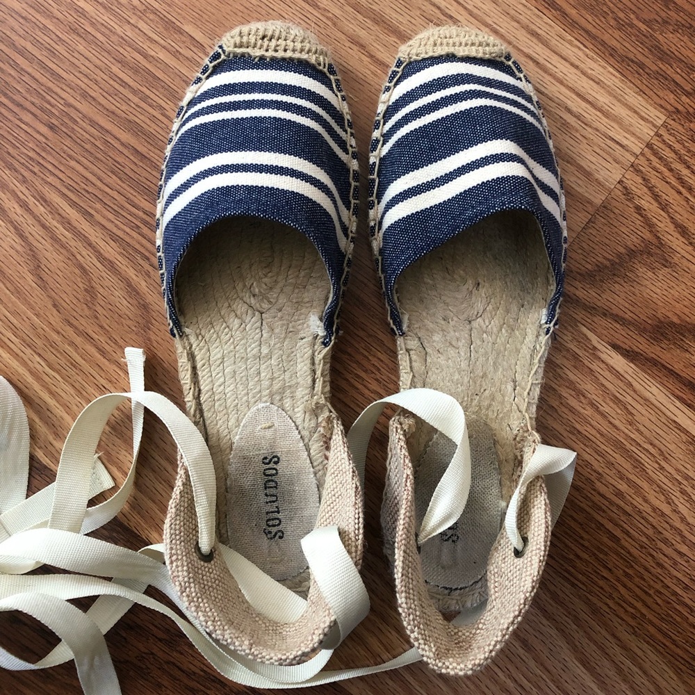 Soludos Blue and white tie up espadrilles